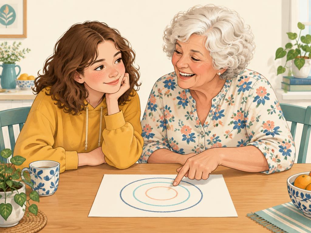 Lina aan de keukentafel bij bomma Lieve, die lachend iets aanwijst op een blad met drie cirkels.