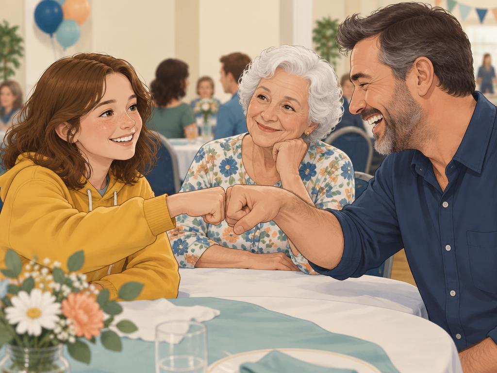 Lina geeft op een familiefeest een boks aan haar lachende nonkel, terwijl bomma trots toekijkt.