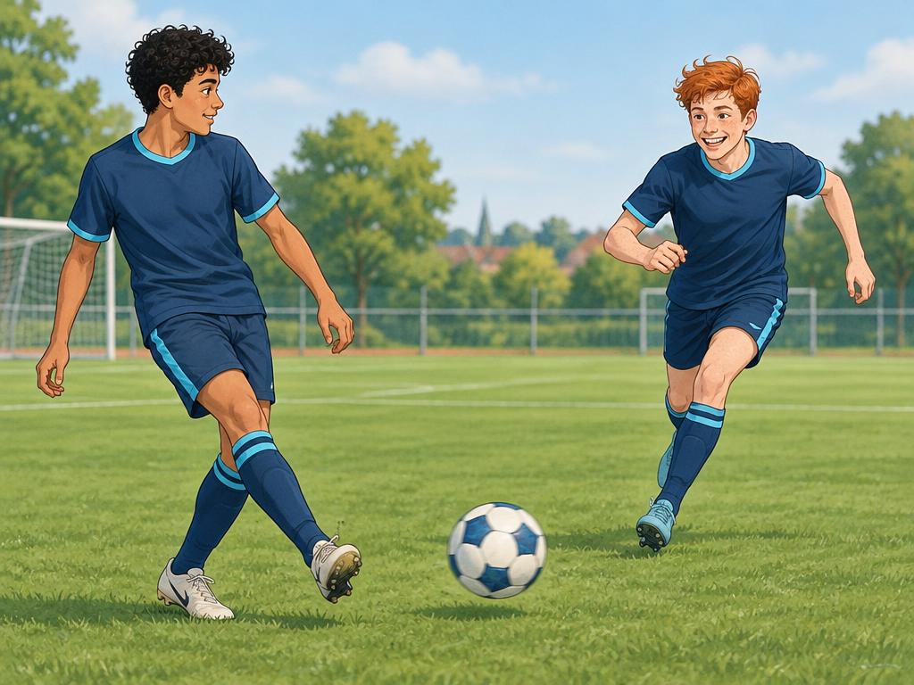 Yassin speelt de bal breed naar Jonas op een groen voetbalveld.