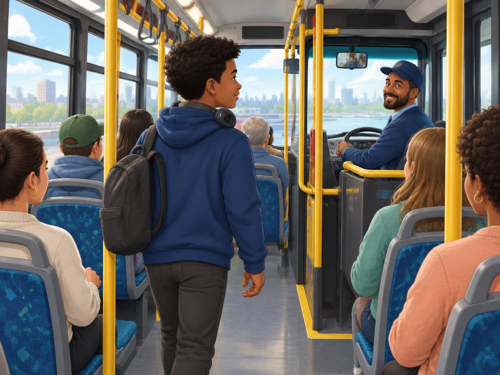 Noah loopt in een volle bus naar voren, naar de chauffeur.