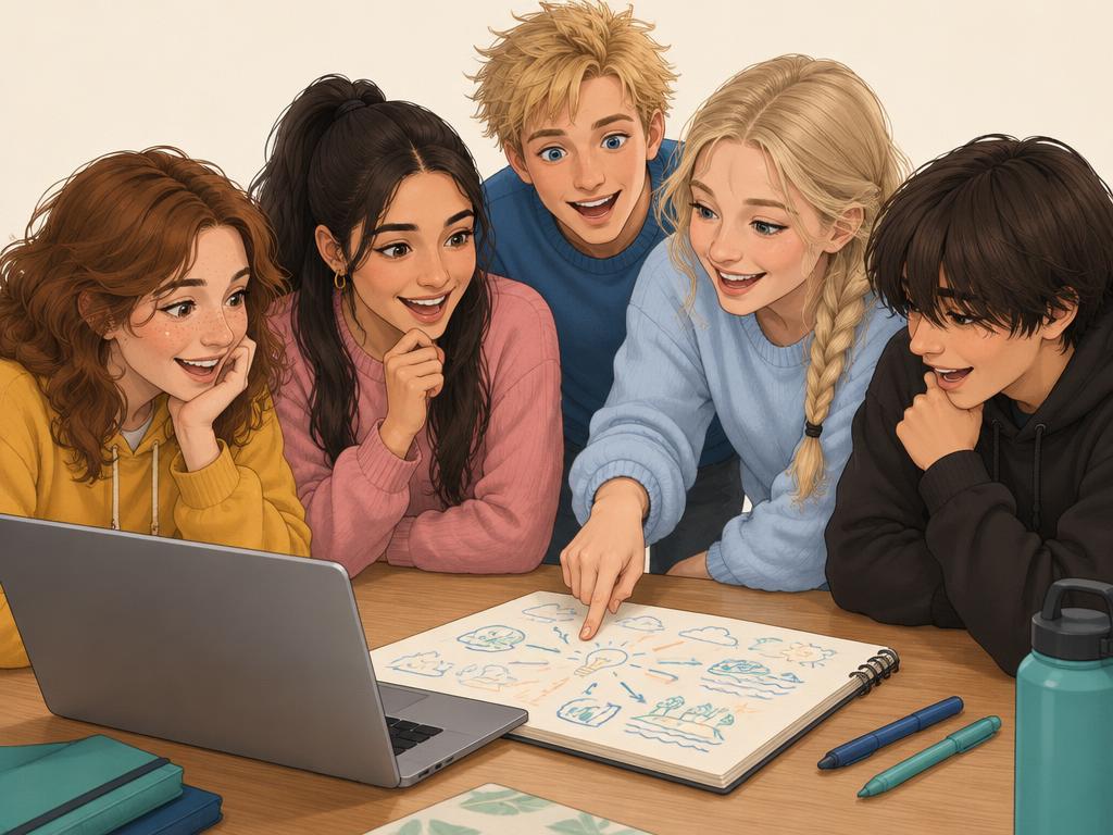 Lina, Elif, Mats en Wout rond een tafel met een laptop; Daria wijst iets aan in een schrift vol tekeningen.