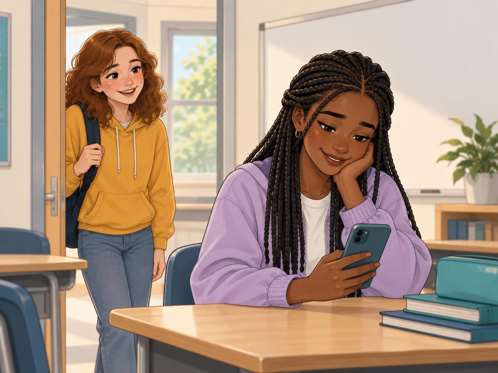 Jade kijkt opgelucht naar haar gsm in de klas; Lina staat glimlachend in de deuropening.