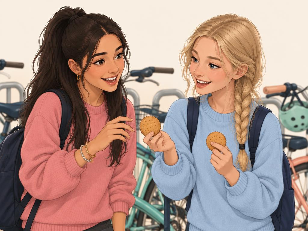 Daria houdt twee koeken vast en deelt een warm moment met Elif bij de fietsenstalling.