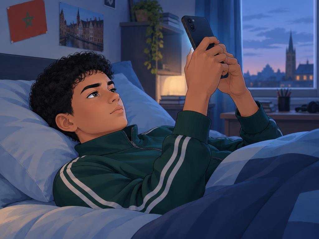 Yassin ligt 's avonds in bed met zijn gsm boven zijn gezicht en kijkt vastberaden.