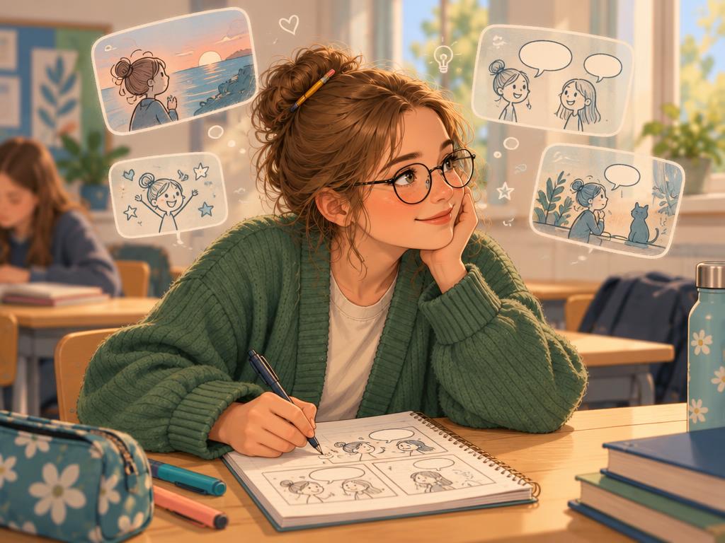Femke tekent een strip in de klas; zachte zwevende tekenvormen verbeelden haar vele ideeën.