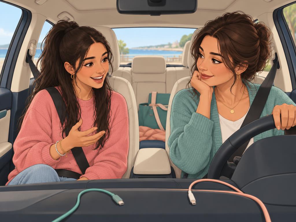 Elif praat met haar mama in een stilgezette auto; twee laadkabels liggen op het dashboard.