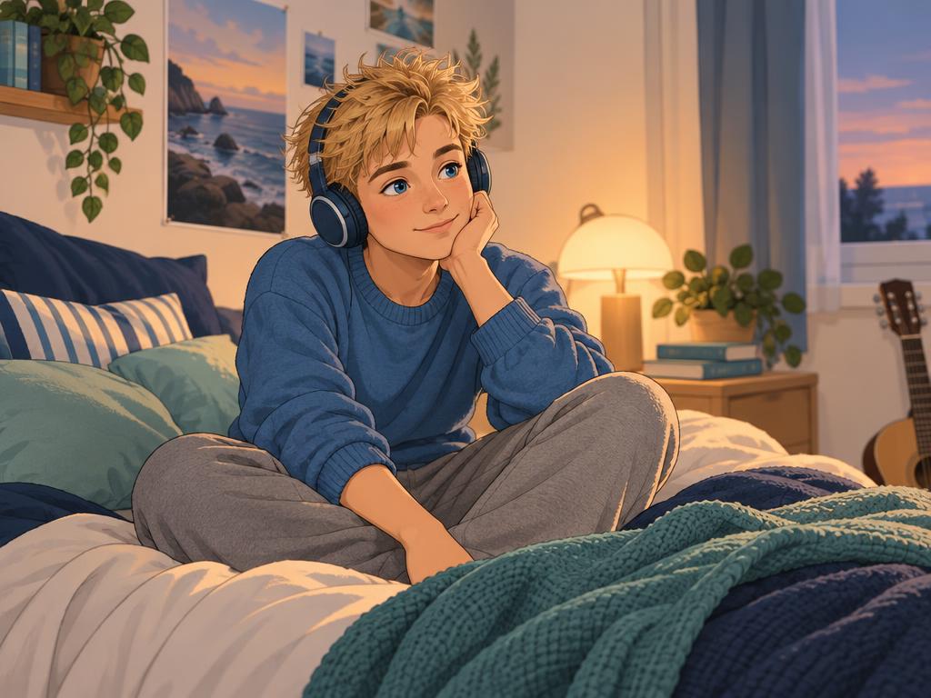 Mats zit met een grote koptelefoon op zijn bed bij het warme licht van een avondlamp.