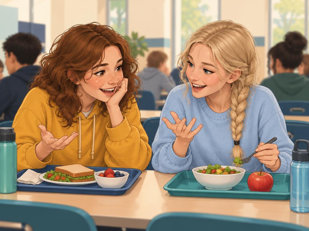 Daria en Lina lachen en praten samen tijdens de lunch in de refter.