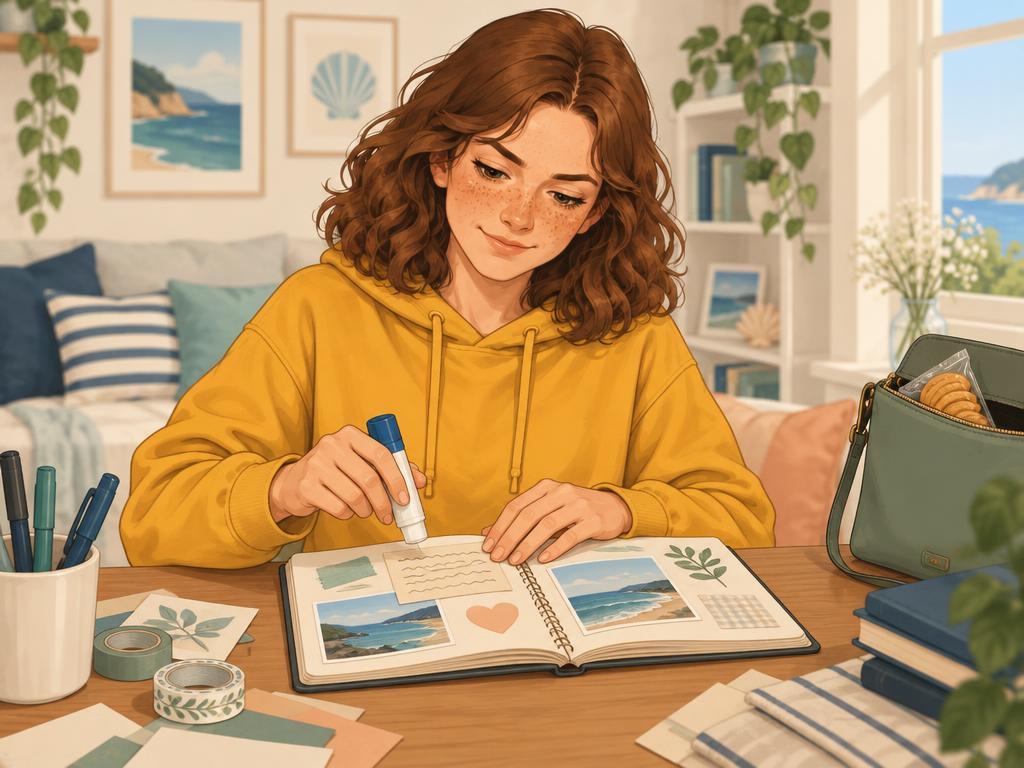 Lina plakt een briefje in haar agenda; naast haar staat een handtas met een pakje koekjes.