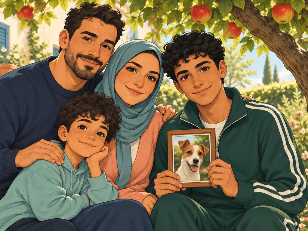 Yassin en zijn familie zitten glimlachend onder een appelboom met een foto van een Jack Russell.