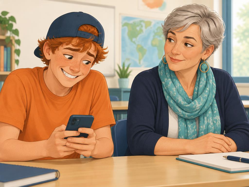 Jonas kijkt schuldbewust naar zijn gsm, juf Hilde zit rustig naast hem in de klas.