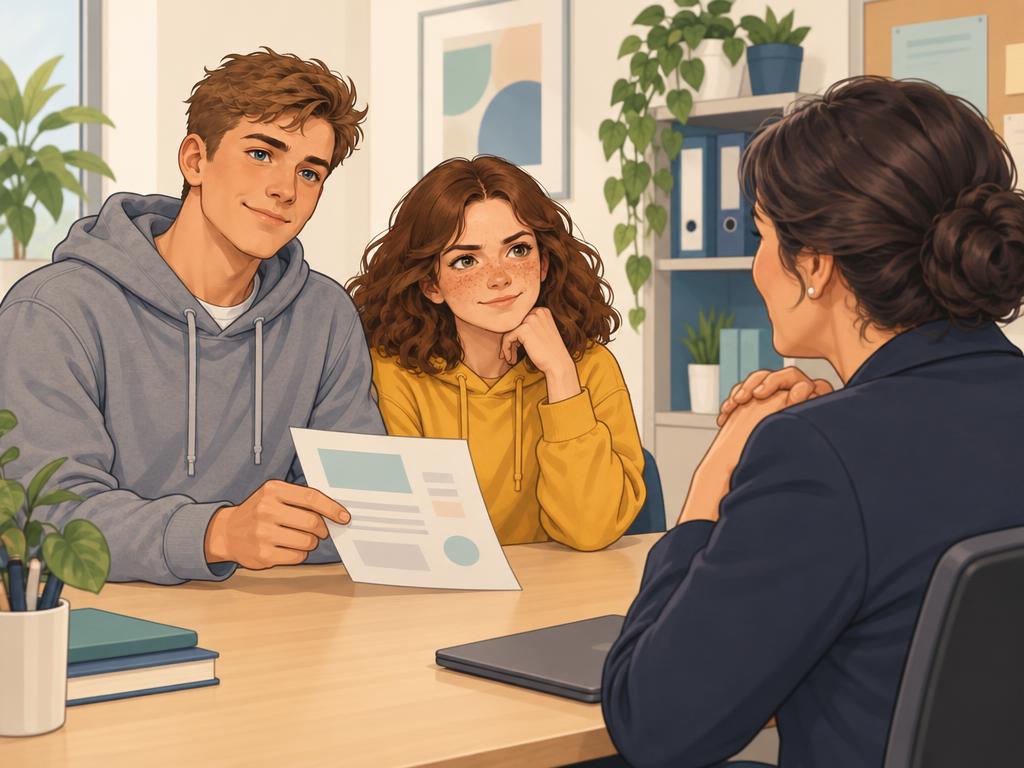 Ruben toont een blad aan de directeur aan een vergadertafel; Lina zit steunend naast hem.