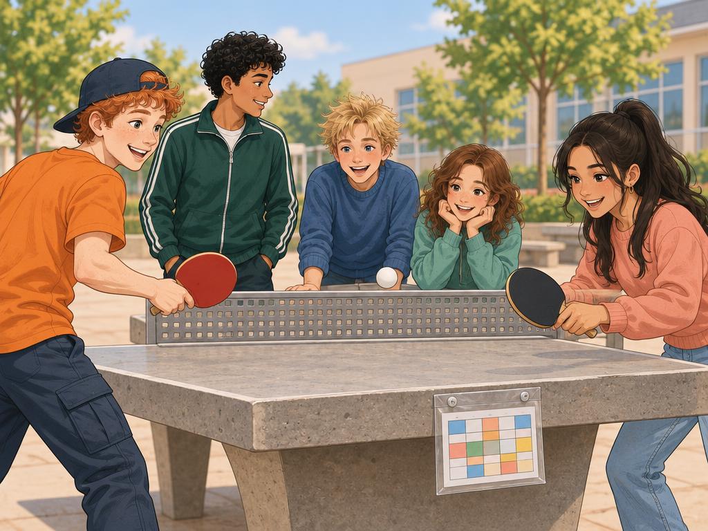 Jonas, Yassin, Mats en twee eerstejaars delen een pingpongspel op de speelplaats; een schema zit in een plastic hoesje.
