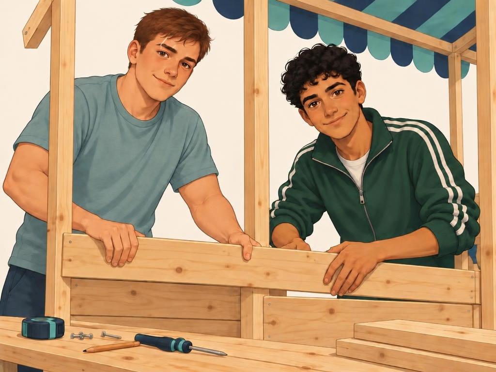 Yassin en Dries, een brede jongen met een klein litteken in zijn wenkbrauw, bouwen samen een houten kraampje.