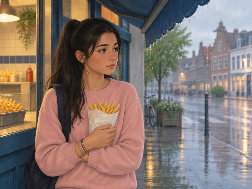 Elif wacht alleen onder het afdak van een frituur in de regen, met een zakje frieten.