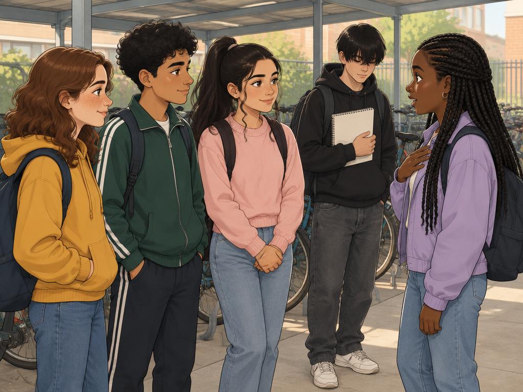 Lina, Yassin en Elif staan rustig tegenover Jade bij de fietsenstalling; Wout staat erachter met zijn schetsboek.