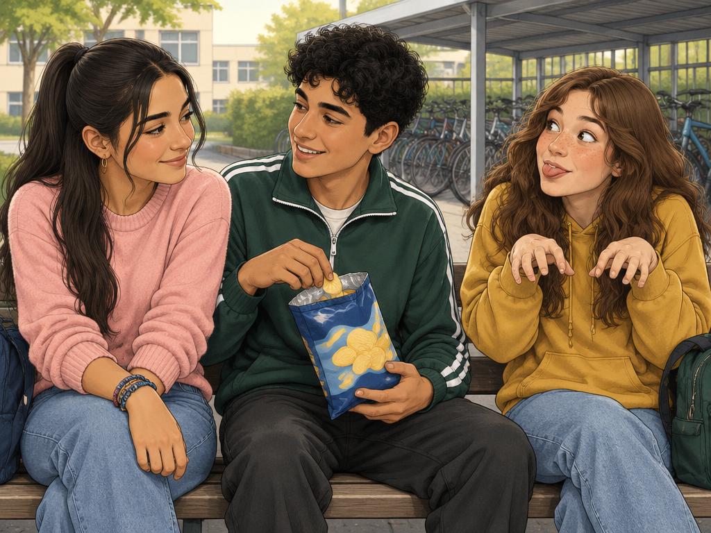 Elif lacht voorzichtig op een bankje terwijl Yassin chips deelt en Lina iets grappigs doet.