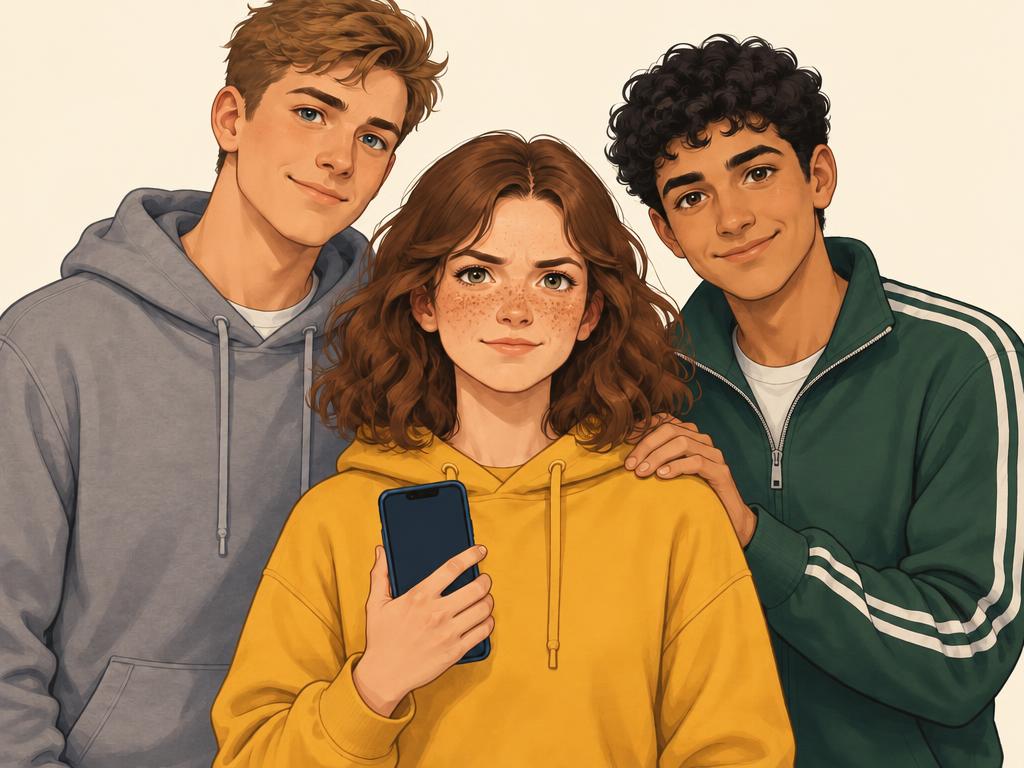 Lina met duidelijke sproeten en een mosterdgele hoodie houdt haar gsm vast, met Ruben en Yassin steunend achter haar.